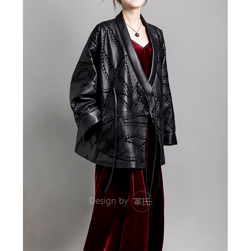 革氏秋冬新中式进口肌理绵羊皮宽松系带短款皮衣外套汉服真皮上衣