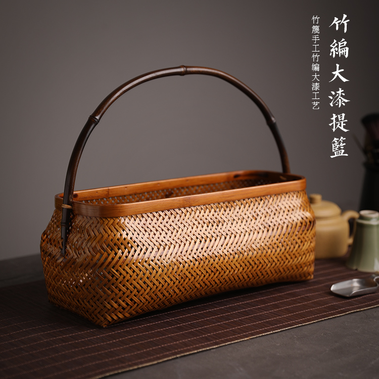 大漆手工竹编篮提篮紫竹镂空竹编水果篮桌面茶具收纳筐复古采摘篮