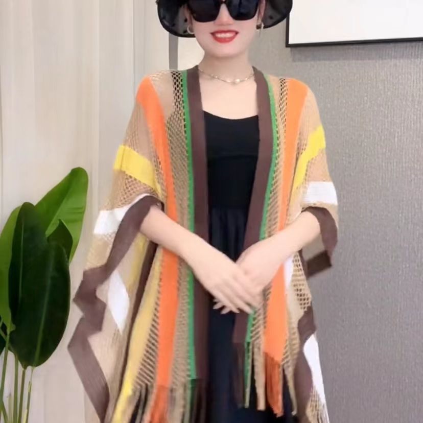 海边慵懒风白色中长款针织防晒开衫外套女胖mm薄外搭披肩罩衫潮流