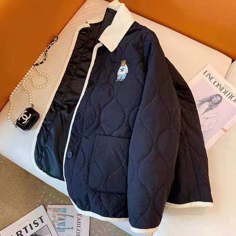 韩版刺绣加绒棉服外套保暖秋冬季无性别休闲短款百搭菱格棉衣宽松