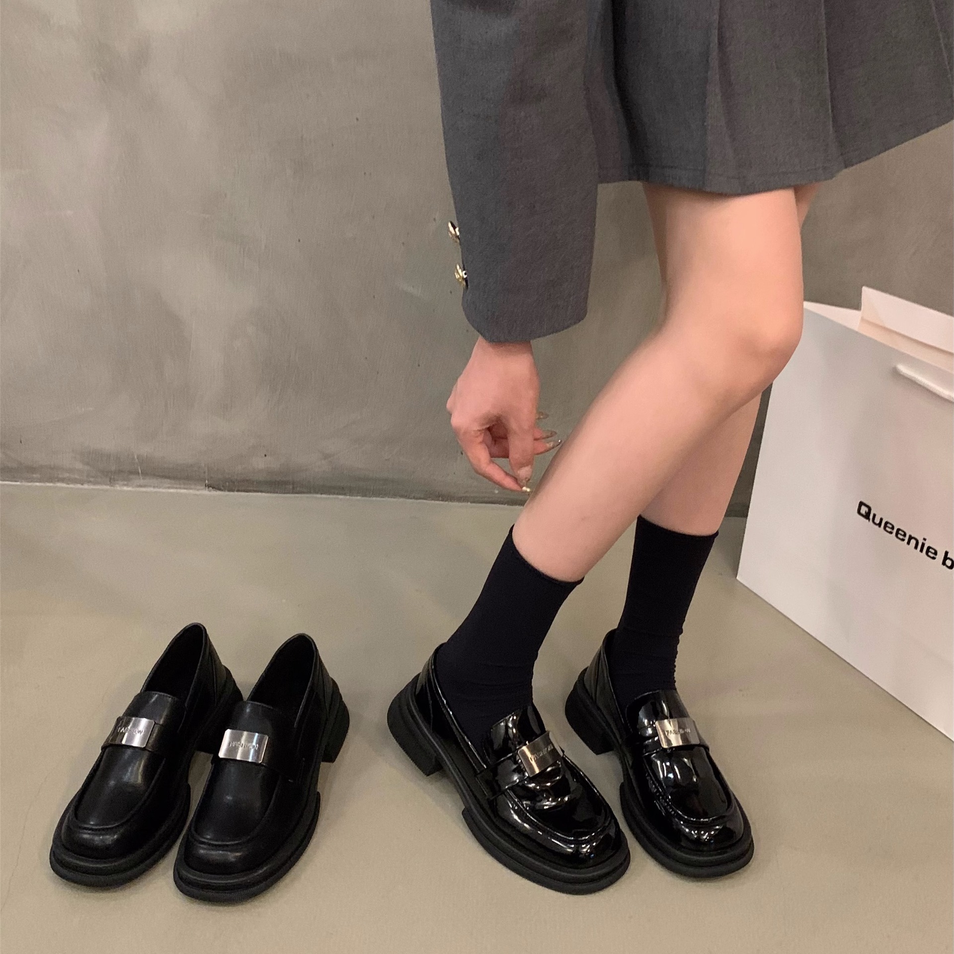 红蜻蜓牌厚底百搭黑色乐福单鞋女鞋子2023年新款春秋季一脚蹬英伦