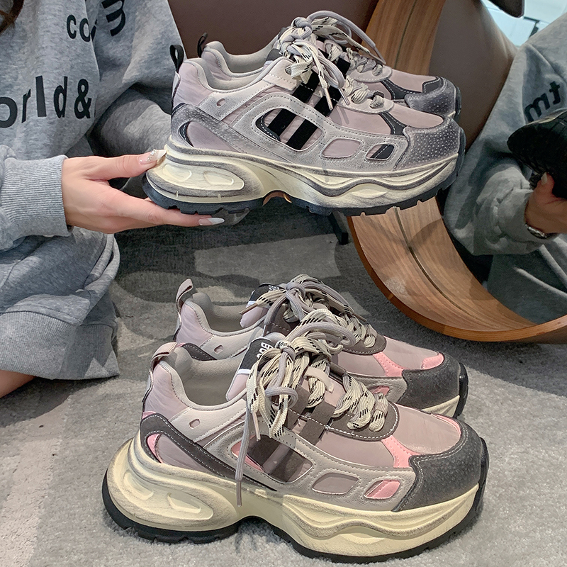 红蜻蜓牌网红复古厚底擦色老爹鞋女2023秋季新款休闲百搭增高爆款