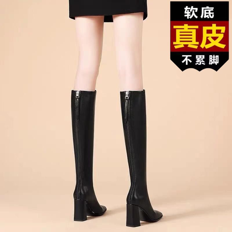 红蜻蜓牌牌全牛皮真皮长靴百搭2023年秋冬新款高跟爆款高筒靴方头