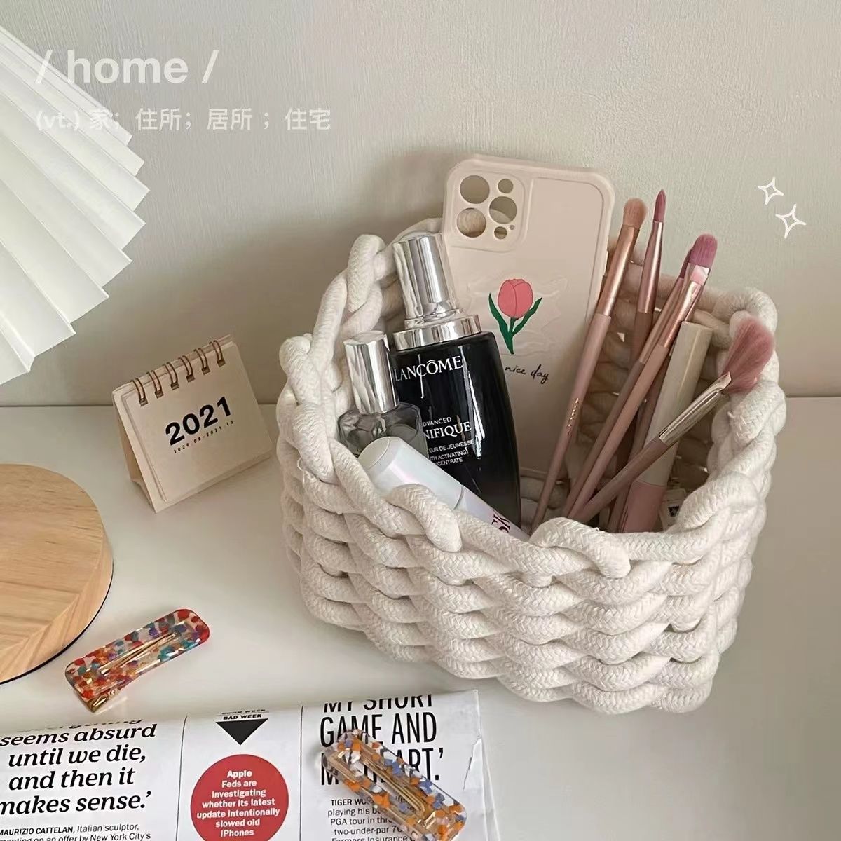 ins手工粗棉绳编织收纳筐桌面钥匙化妆品面膜书本杂物整理收纳盒