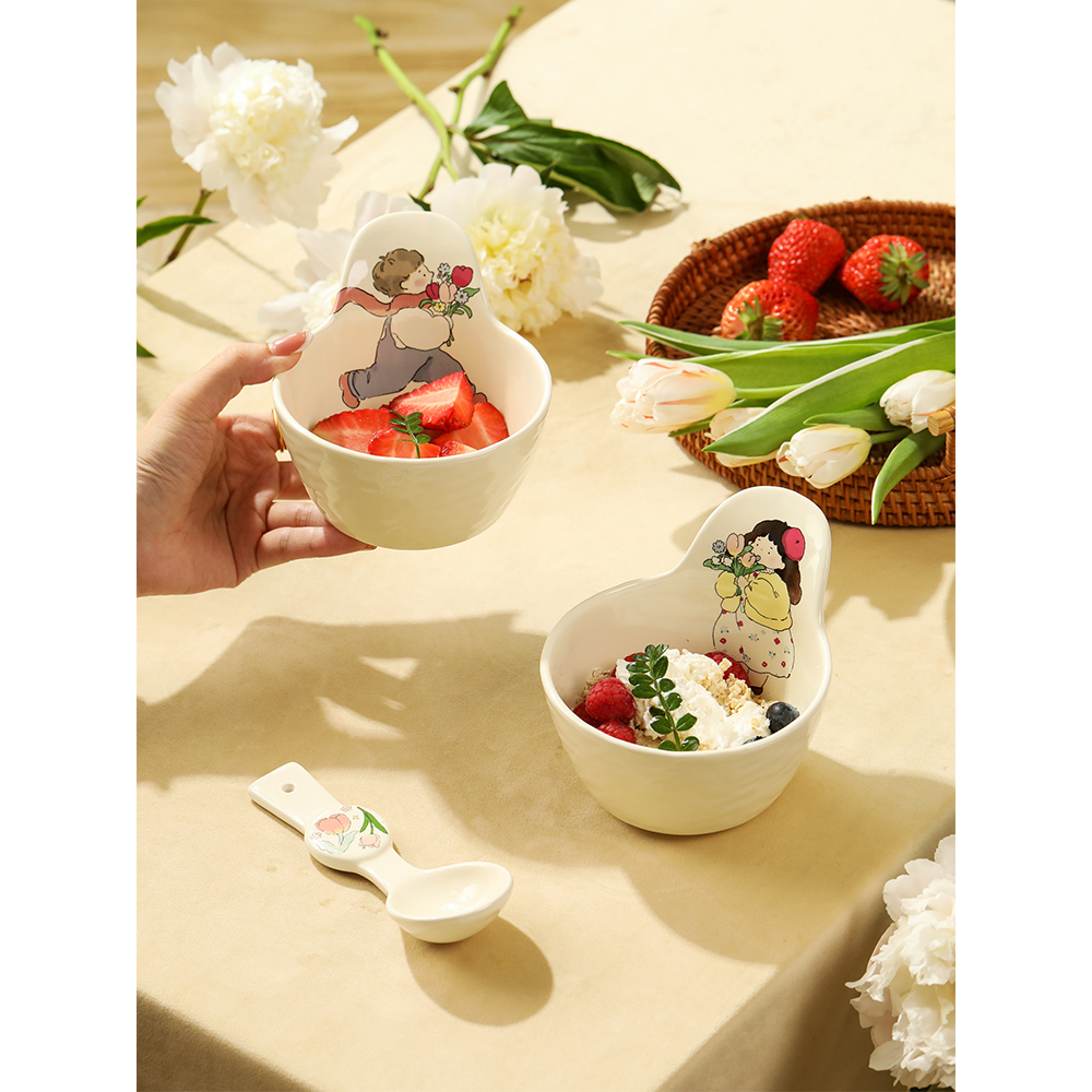 蓝莲花手捏纹奶油风餐具新婚礼物二人食情侣手柄陶瓷碗吃饭碗组合