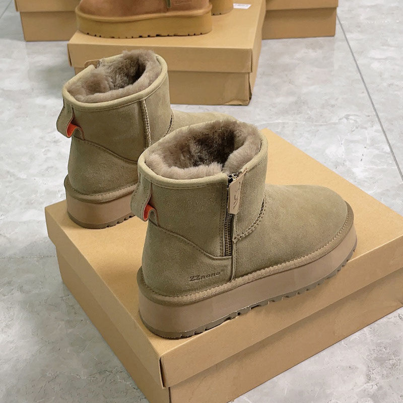 毛毛雪地靴女皮毛一体2023新款厚底侧拉链短筒靴加绒加厚东北棉鞋