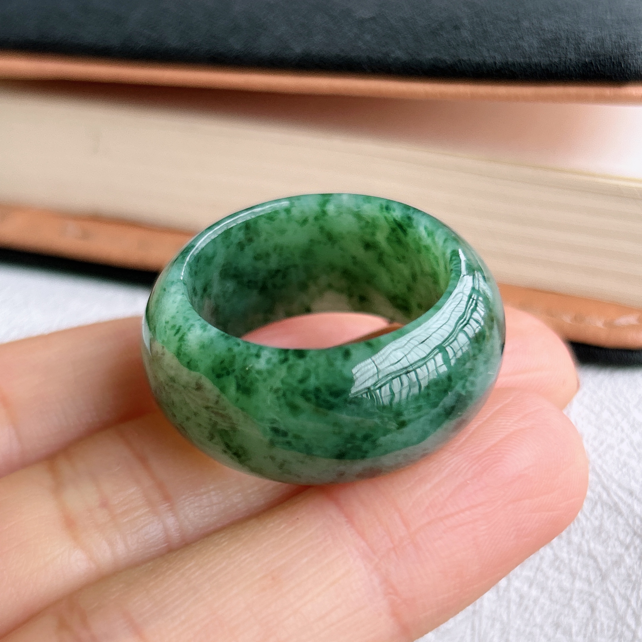 27号圈口天然A货飘花糯冰种翡翠轮胎戒指时尚精雕正品老坑玉指环