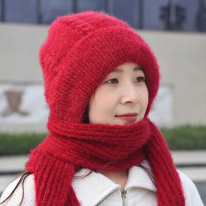 秋冬新款松鼠绒毛线编织女时尚保暖网红帽帽子围巾一体加厚风雪帽