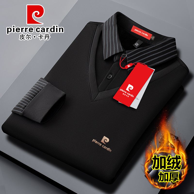 皮尔卡丹男长袖秋冬假两件polo衫加绒加厚高档翻领t恤休闲体恤衫