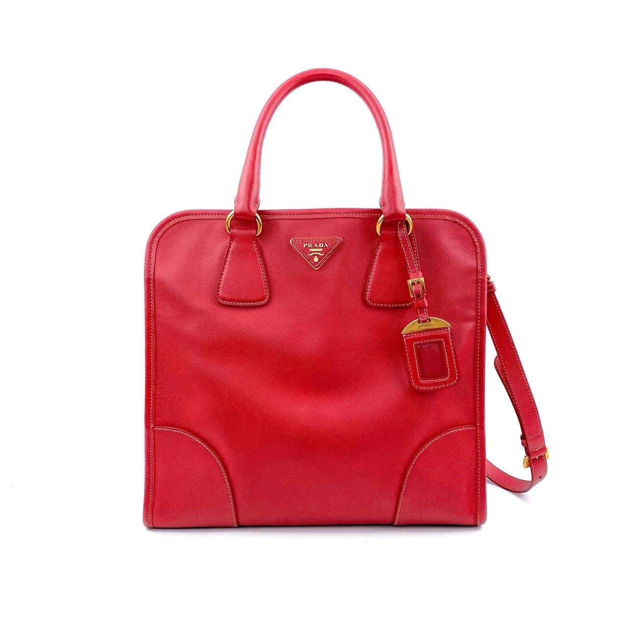 95新 Prada/普拉达 红色牛皮金标手提包单肩包