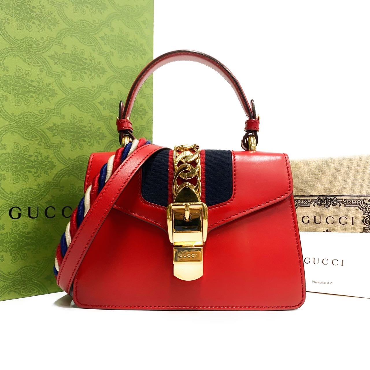 99新 GUCCI/古驰 红色塞尔维亚手提包单肩包小号