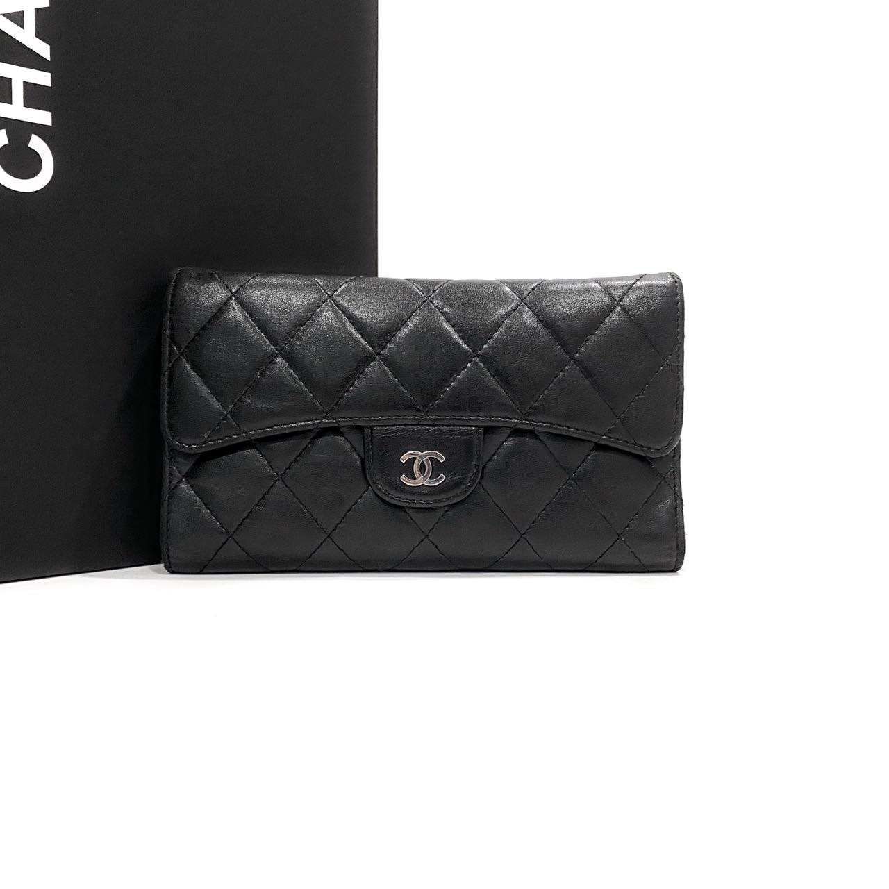 95新 Chanel/香奈儿 CHANEL13开牛皮黑色银标手拿包钱包