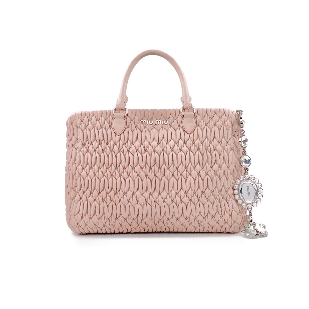 95新 MIU MIU/缪缪 裸色牛皮褶皱纹银标手提包钻石链条包