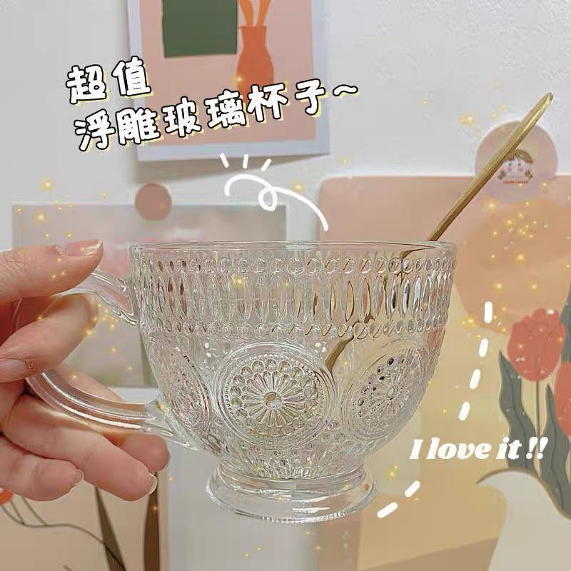 网红水晶杯耐高温浮雕太阳花早餐杯水杯玻璃家用咖啡牛奶杯子带把