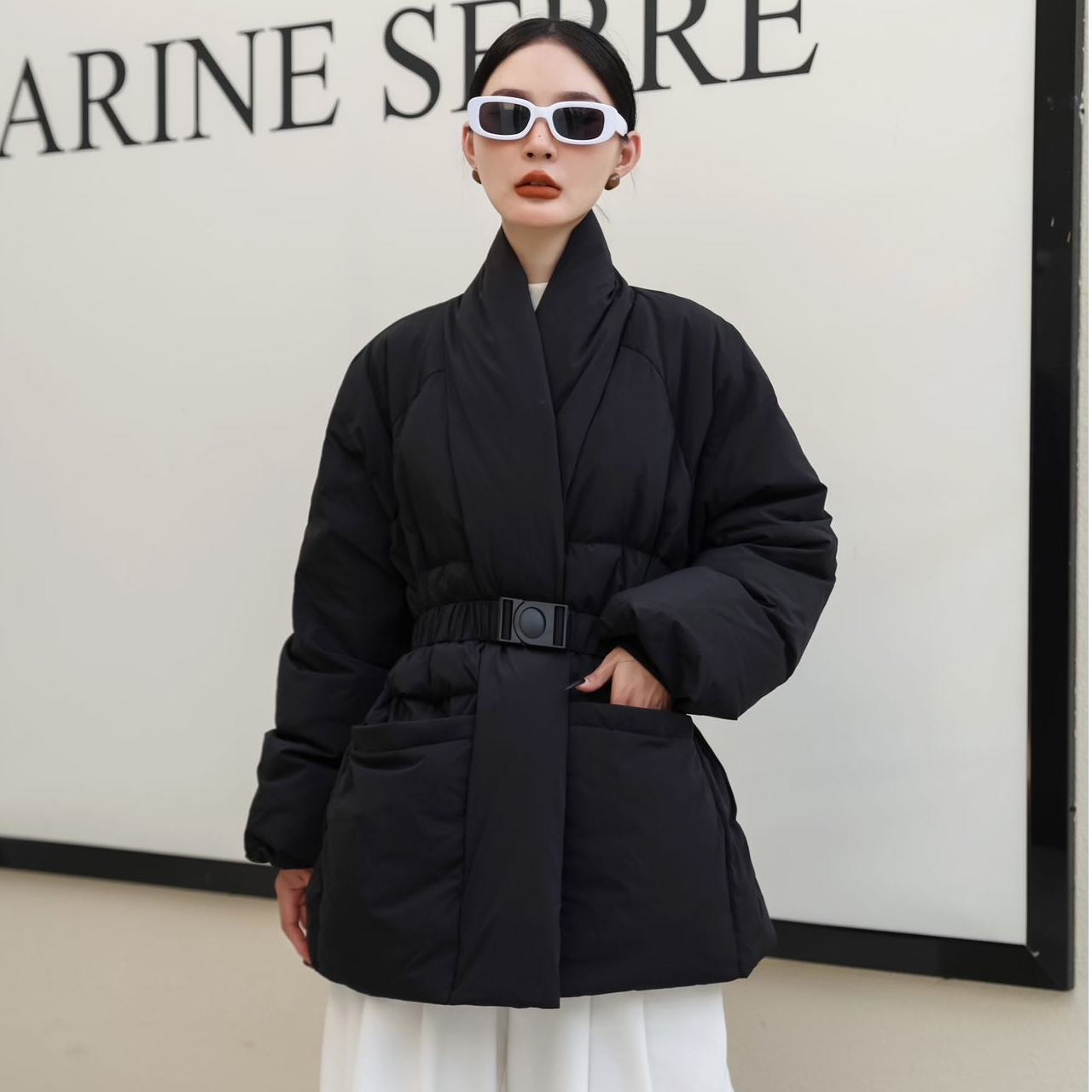 设计感收腰V领羽绒服女冬新款新中式国风韩版白鸭绒简约保暖外套