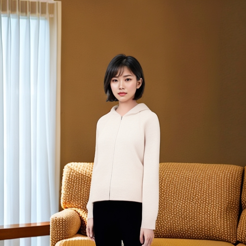 蒙妞纯羊绒元宝针加厚拉链带帽女开衫针织短款连帽羊绒衫纯色百搭