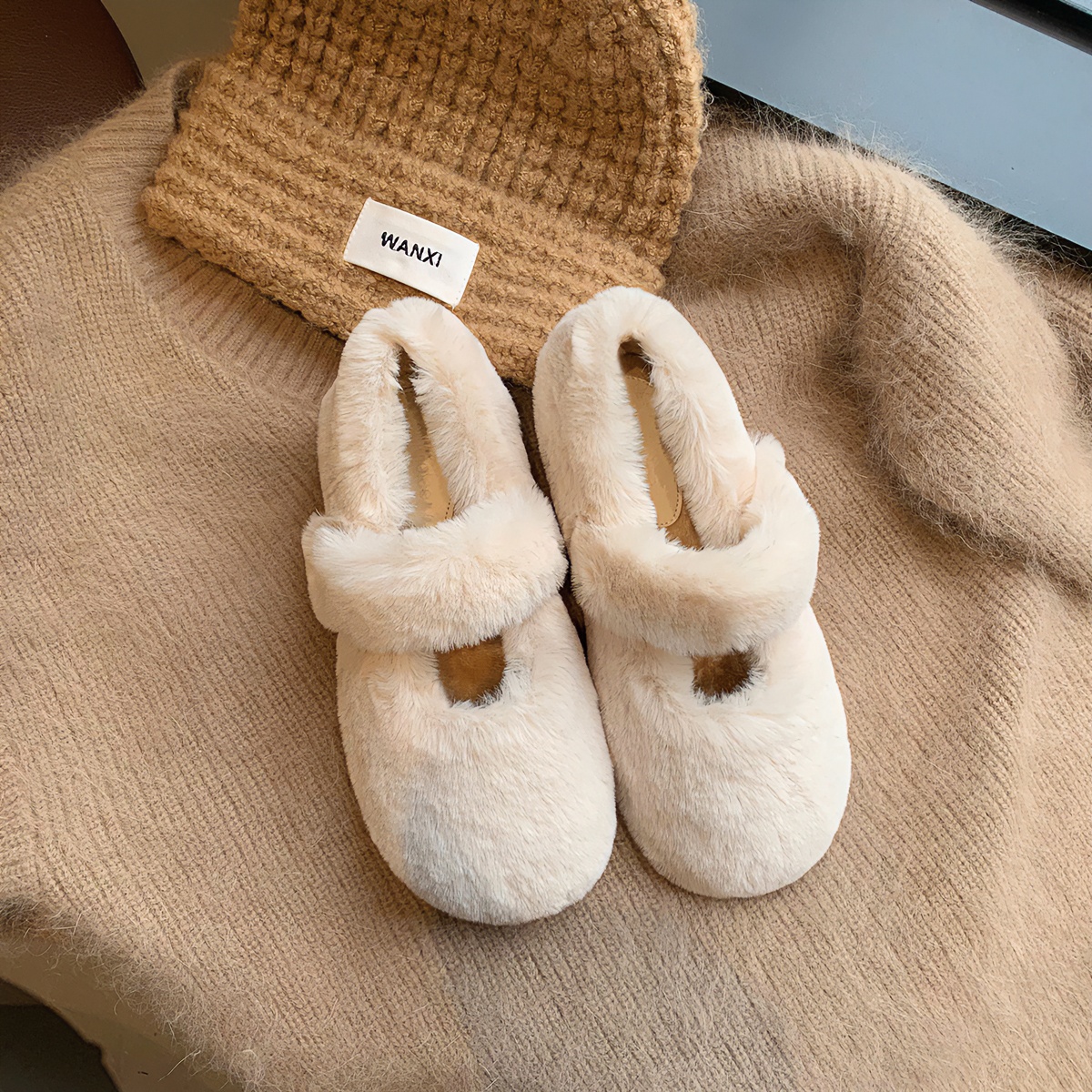 葡萄妈studiolee 可爱加绒保暖毛毛鞋一字带圆头豆豆单鞋女秋冬季