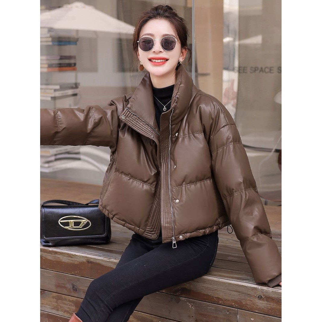 清廷心2023新款免洗PU皮羽绒服女短款立领加厚小个子时尚冬装外套