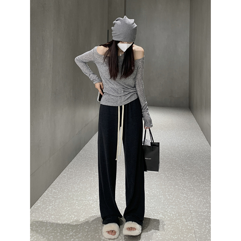 ebenb慵懒阔腿女秋冬加绒显瘦高腰宽松休闲春秋直筒拖地裤糯米裤