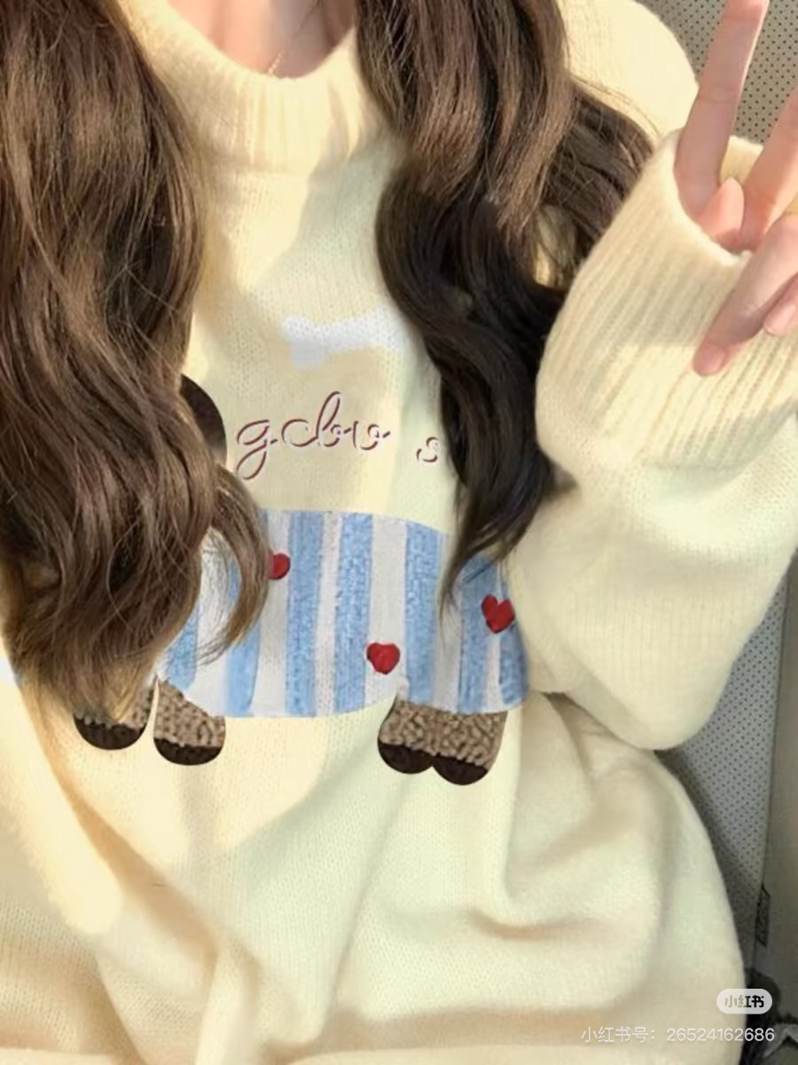 秋季慵懒风奶嫩黄毛衣女百搭小狗软糯可爱针织上衣