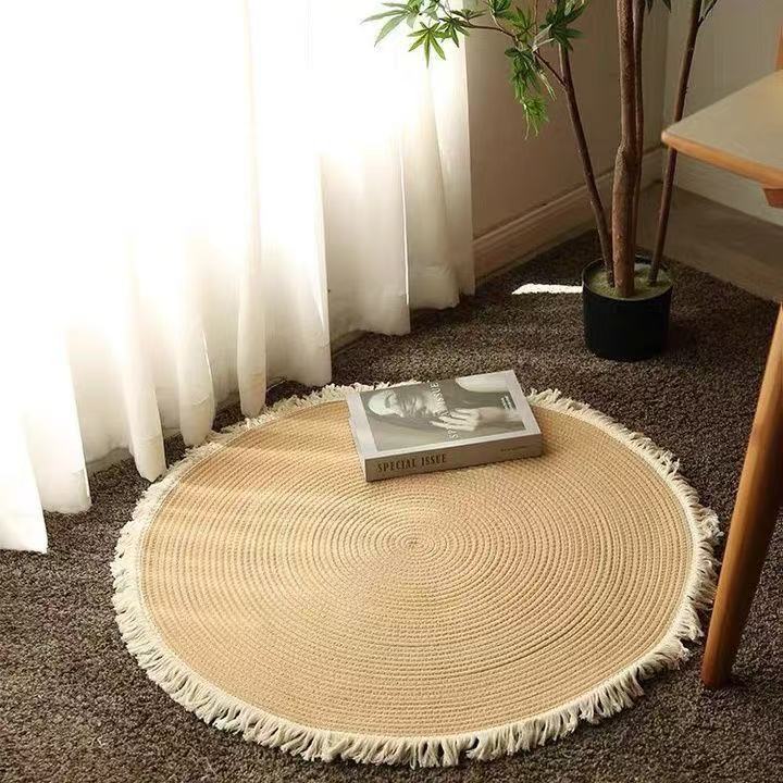 日系流苏抓周地垫道具ins卧室梳妆台北欧手工编织圆形客厅地毯