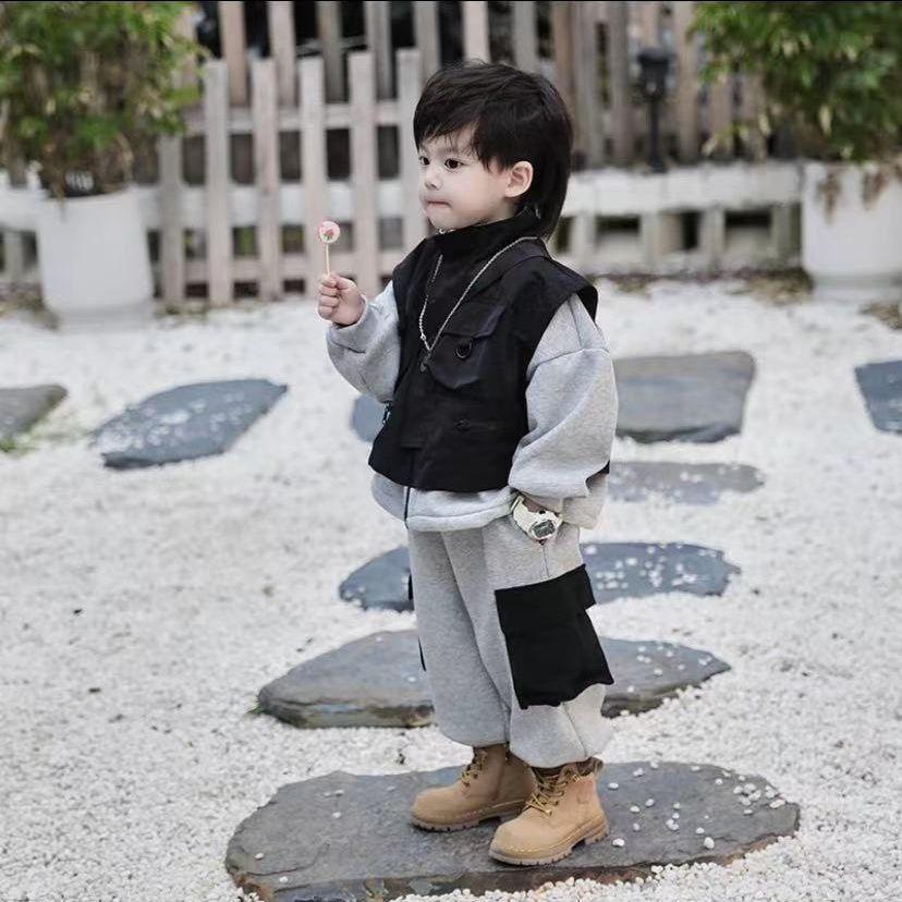 秋冬新款男童工装风炸街日系上衣假两件男童卫衣卫裤休闲套装