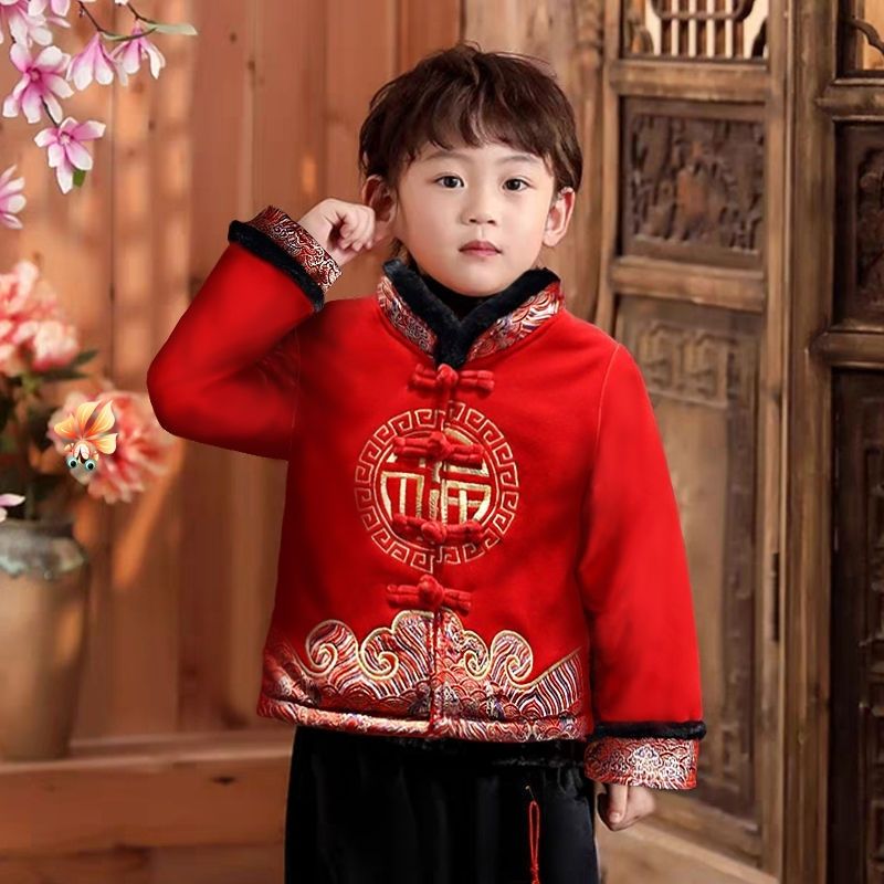 男宝宝拜年服冬款加绒加厚红色喜庆新年装女童周岁抓周服唐装套装