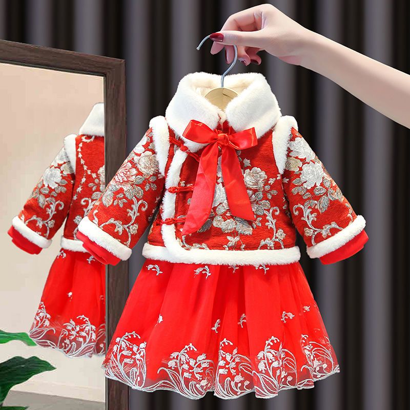 汉服女童儿童冬季拜年过年唐装加绒加厚宝宝中国衣服古装新年套装