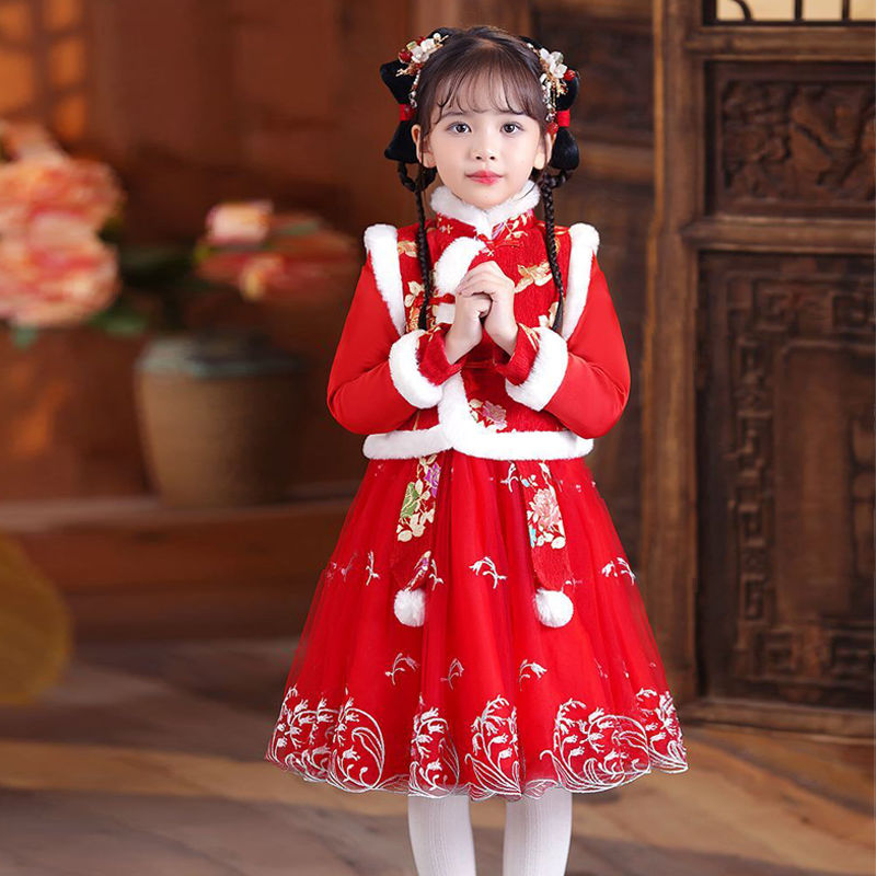 儿童拜年服女童公主裙冬季加绒加厚中国风喜庆汉服唐装女宝宝