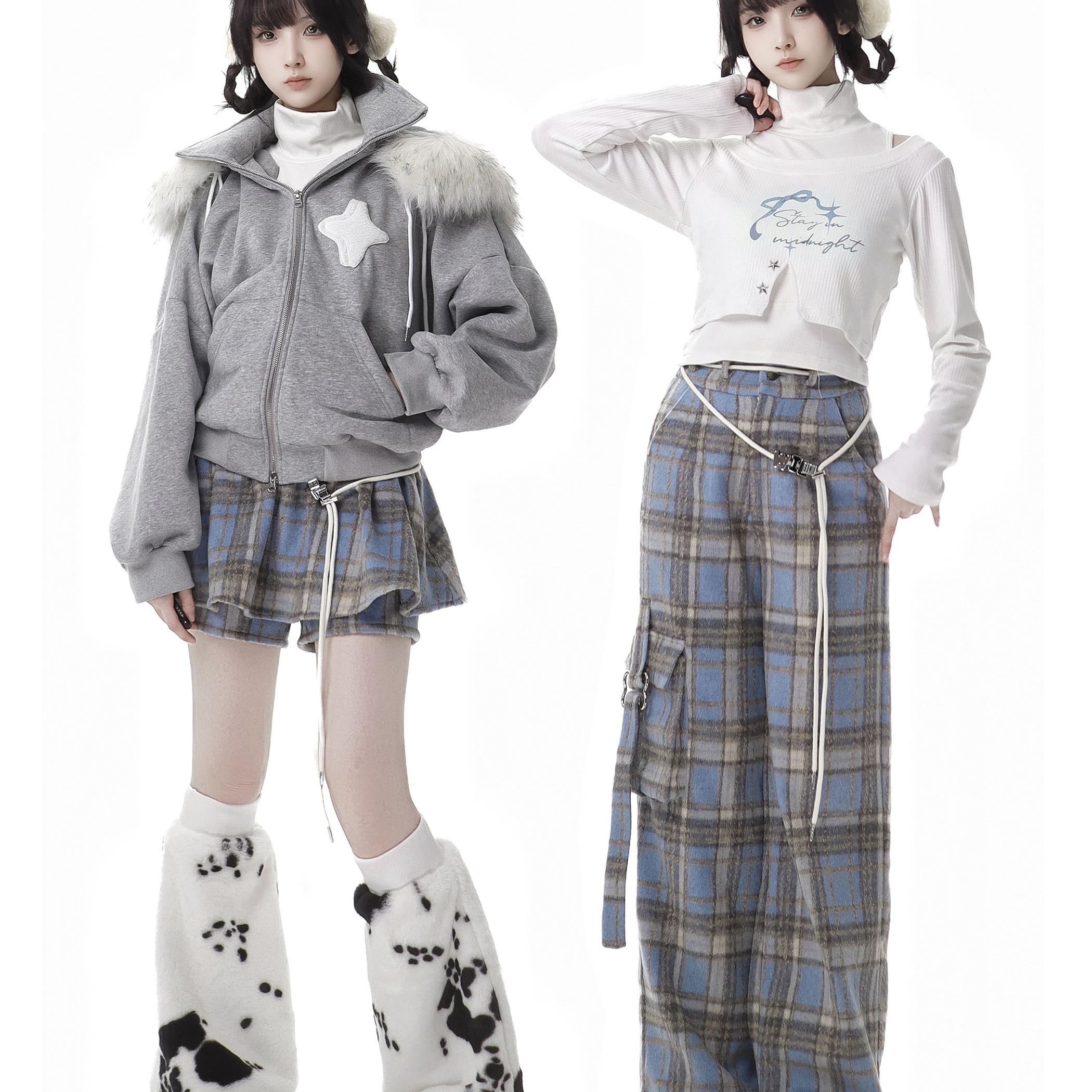 PINKSAVIOR【星夜合奏】毛领加绒外套格子设计感显瘦温柔打底衫套装