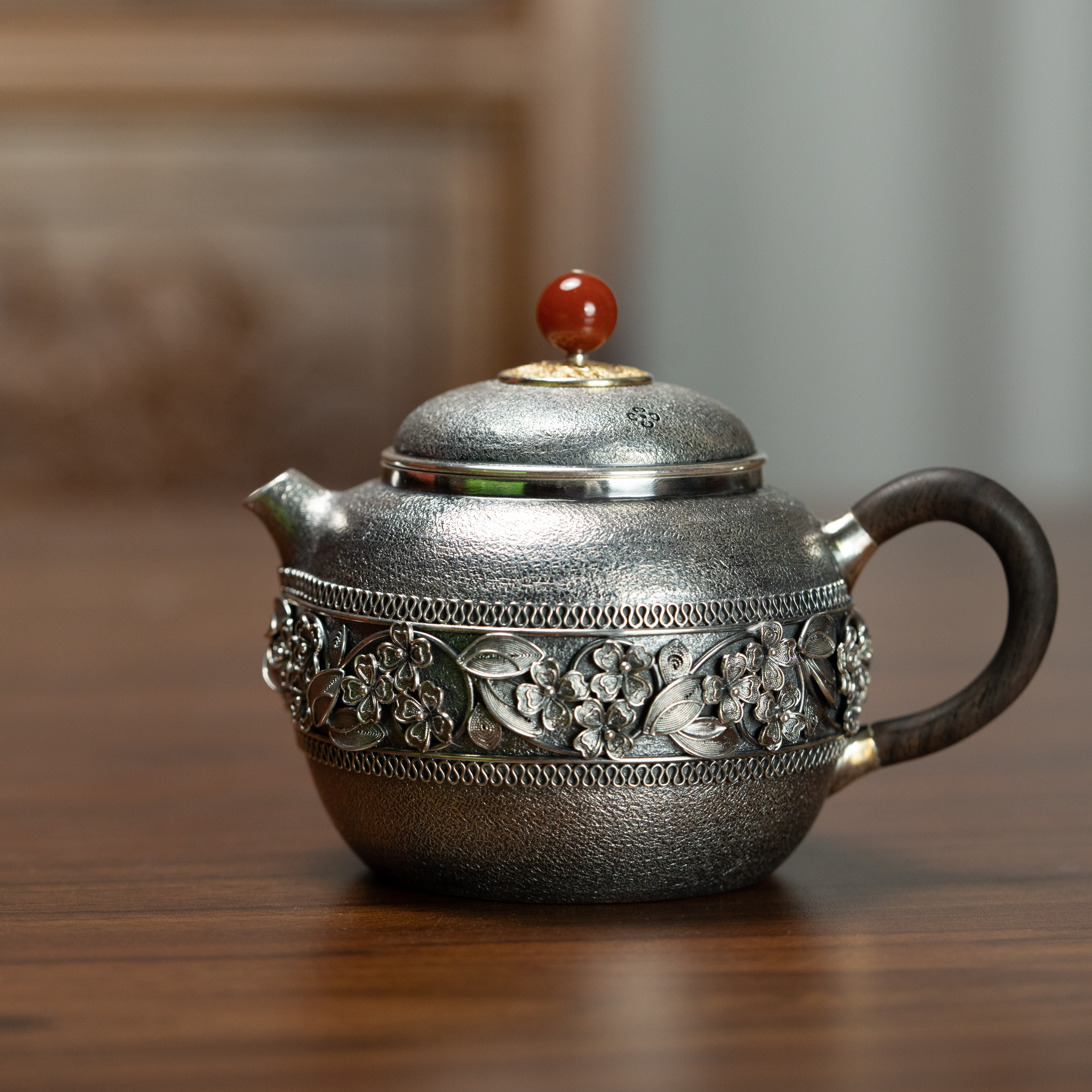 山霁无岚 巨轮珠（缠花）235cc 银壶 家用茶具