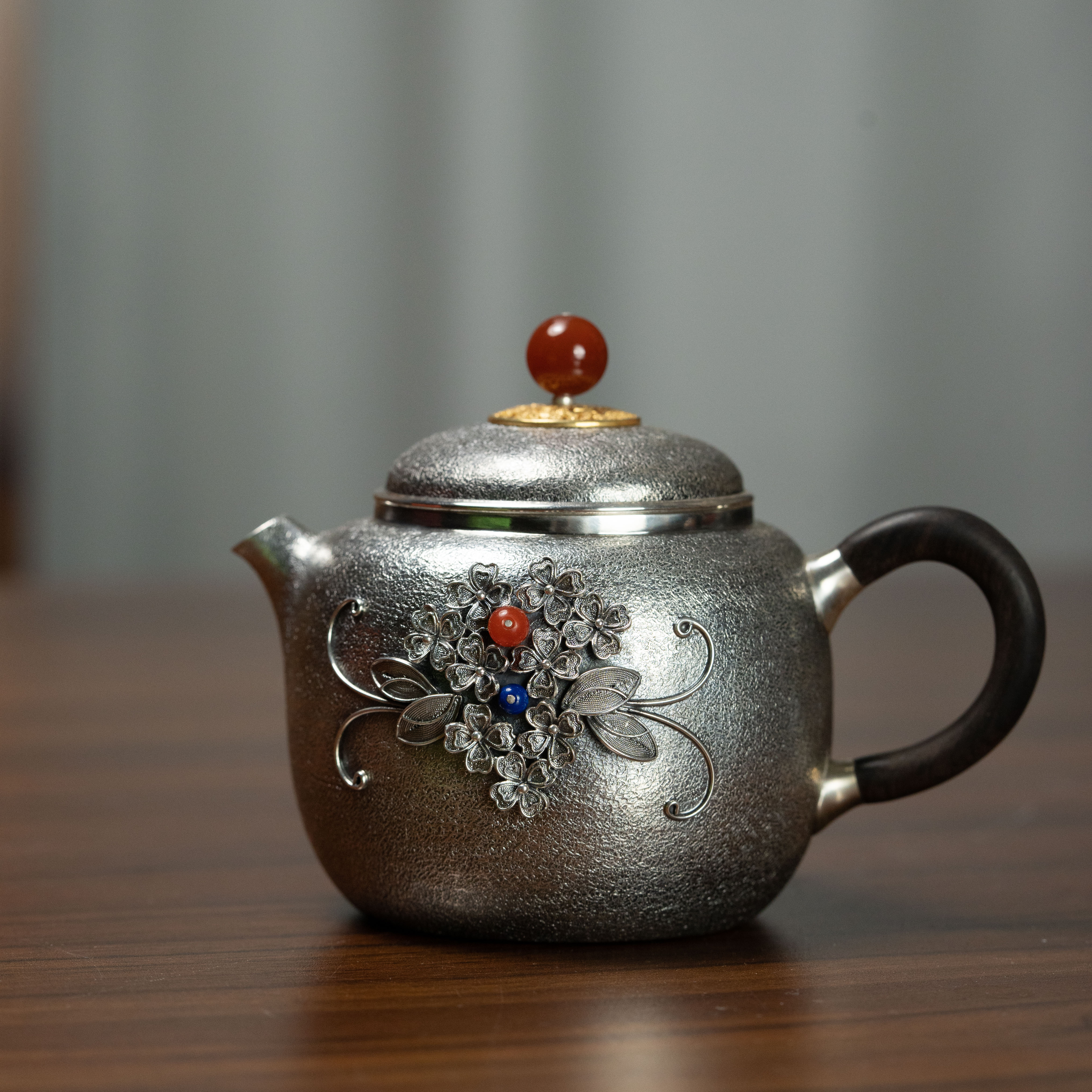 山霁无岚 宝石镶嵌匏樽银壶一式  233cc 银壶家用茶具