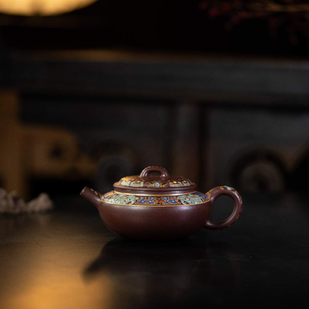 【合仲】兽面纹螭龙纹 珐琅大彬诗意 紫泥165cc 紫砂茶壶