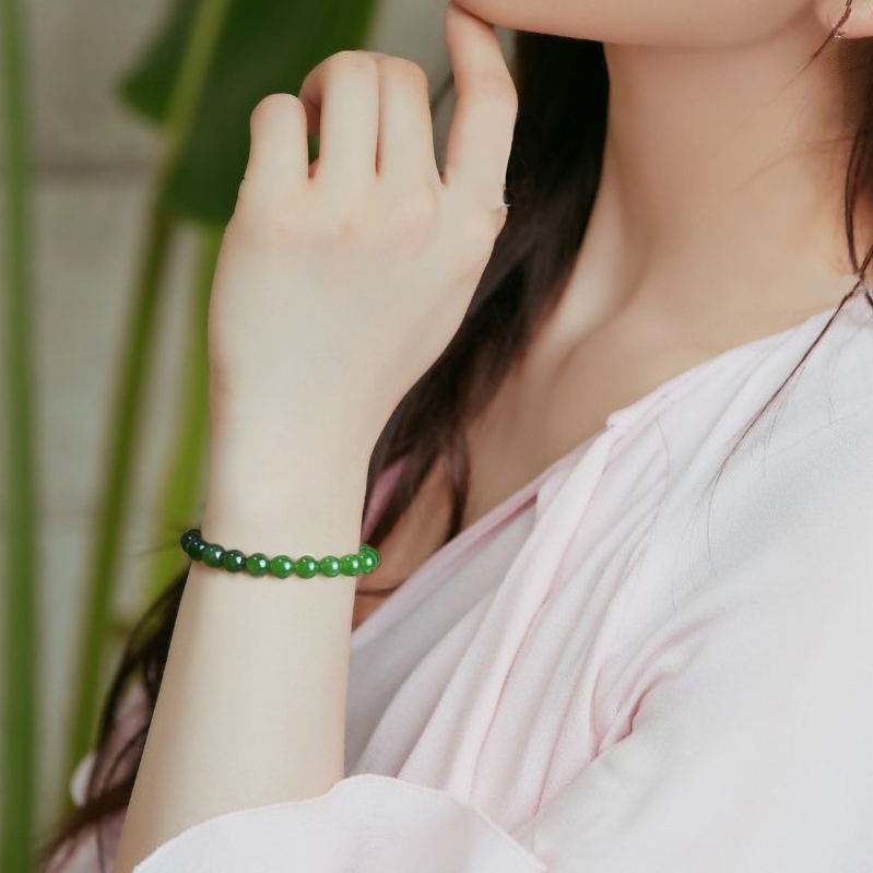 碧玉手链女男 菠菜绿阳绿和田玉手串玉石珠子散珠手镯和田玉手链