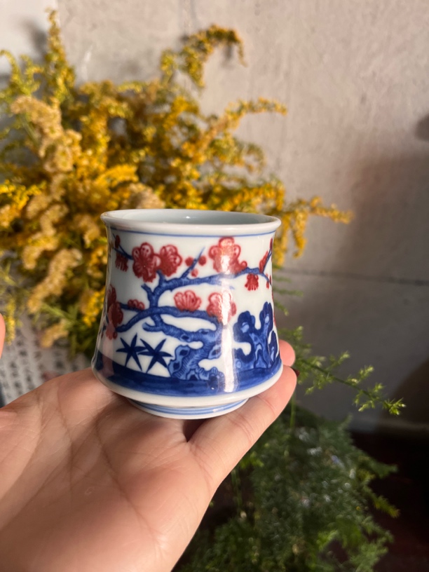 景德镇手工手绘 原矿釉里红 岁寒三友松竹梅 全点工工艺 马蹄杯