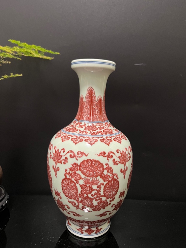 全点工工艺古法烧制精品原矿釉里红缠枝纹陶瓷摆件花瓶文玩收藏