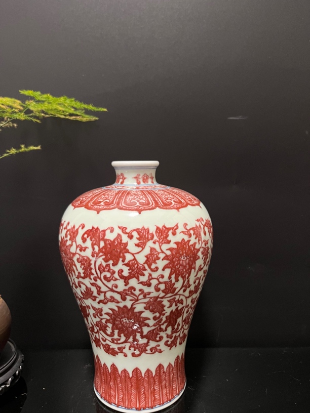 精品原矿釉里红，全手工手绘陶瓷花瓶，缠枝纹，全点工工艺古法烧制