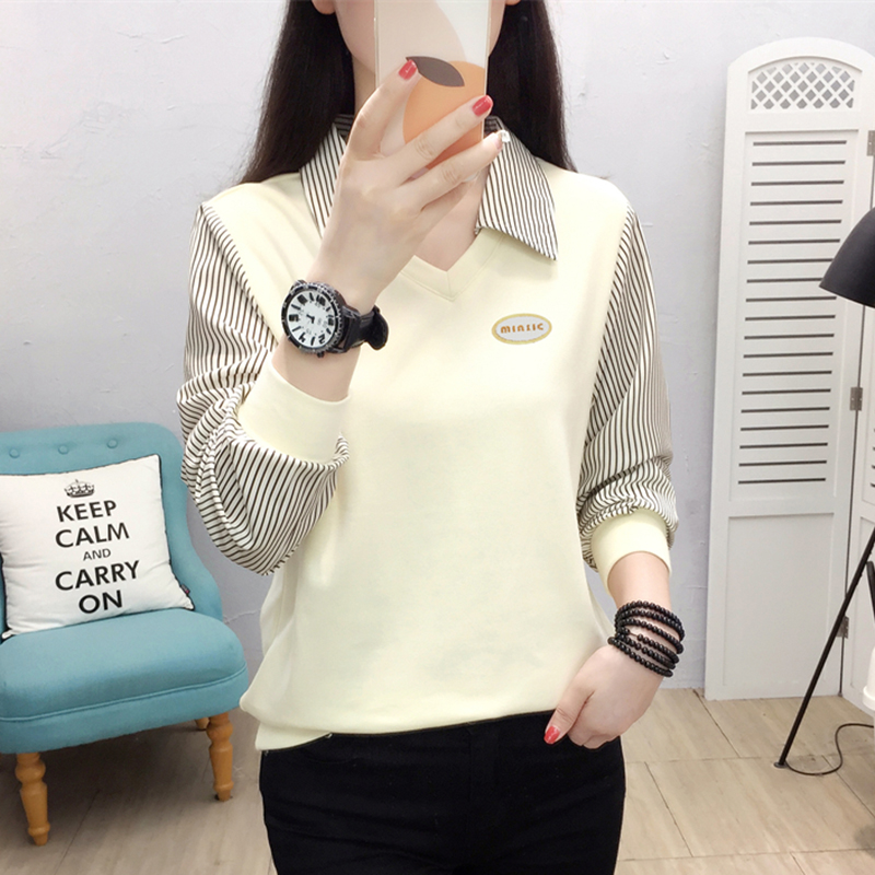 2025春秋冬加绒假两件拼接Polo领卫衣女薄款外穿秋衣洋气减龄上衣