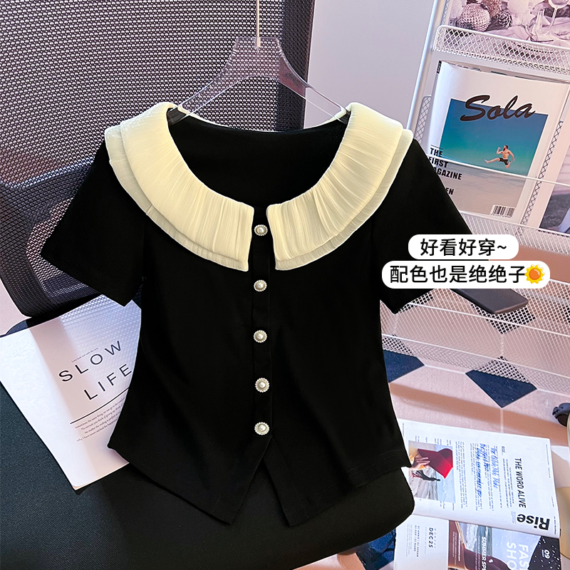 法式小香风网纱娃娃领短袖T恤女夏季高级感气质修身别致短款上衣