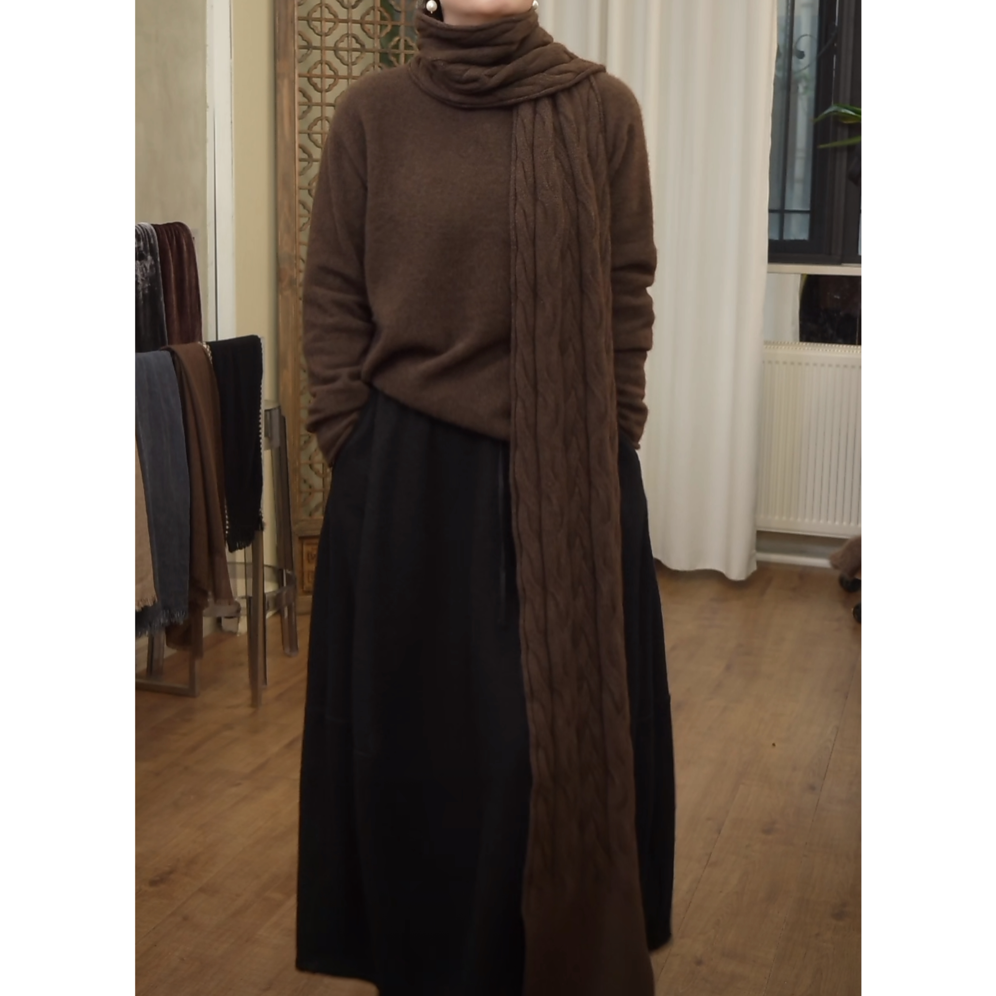 清风集【绞花围巾】秋冬新品 牦牛绒原色针织绞花超长围巾