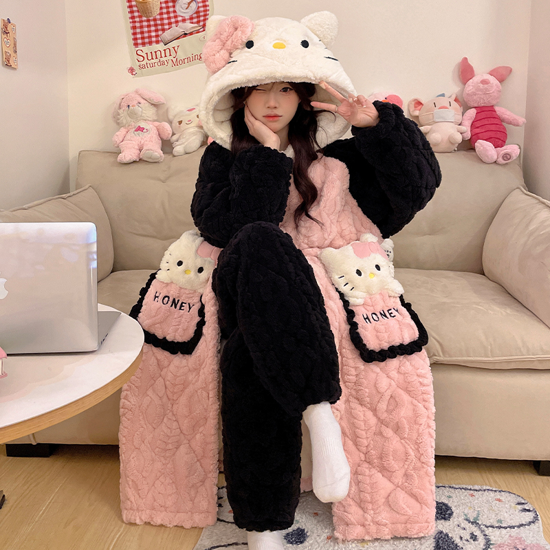 珊瑚绒三层夹棉睡衣女秋冬季加绒加厚连帽睡袍可爱浴袍家居服冬天