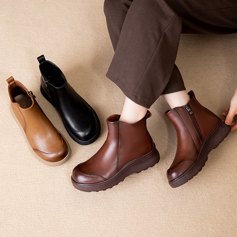 20221秋冬2024新款旅游靴复古百搭真皮简约加绒厚底时尚妈妈鞋