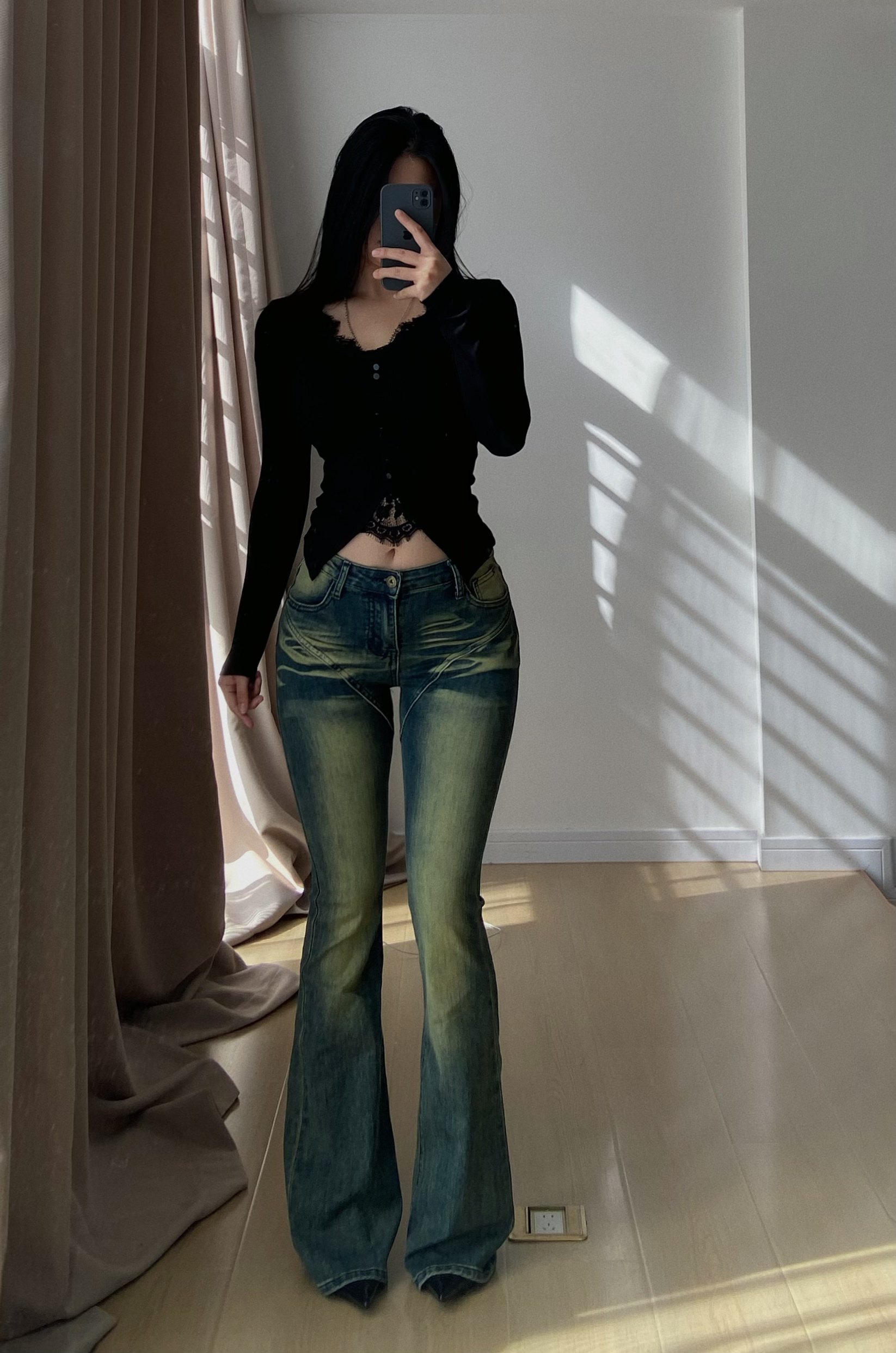 【你伍老板娘】“卖完绝版没了”中腰黄色水洗紧身喇叭裤牛仔裤2266