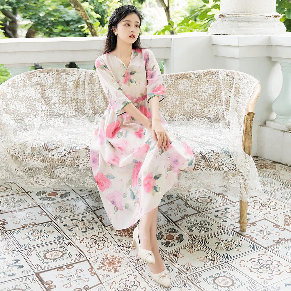 实拍高品质 阔太大码女装棉麻印花复古文艺宽松连衣裙系带汉元素