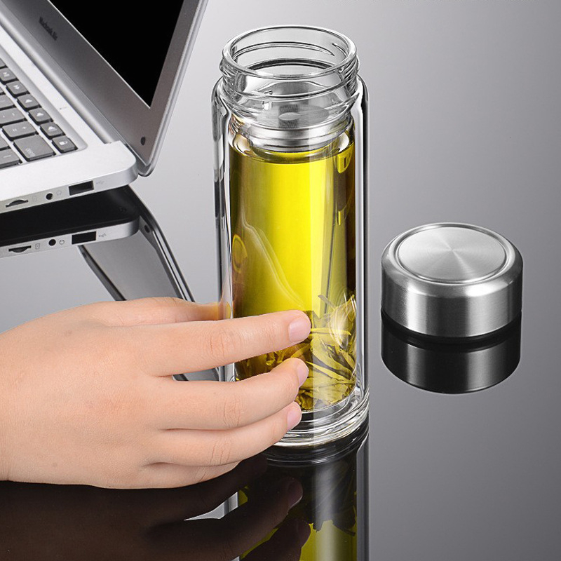 便携茶水分离商务水杯双层大容量玻璃杯男士耐热防爆微保温泡茶杯