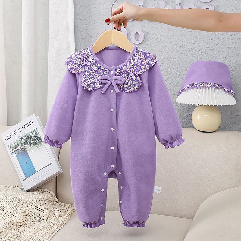 春秋季紫色婴儿女宝宝连体哈衣爬服超萌带帽外出洋气秋衣抱衣