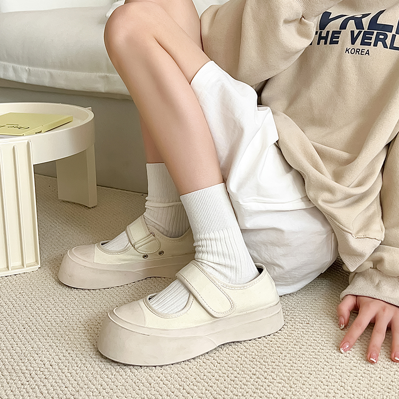 白色竖条纹袜子女中筒袜棉袜春夏季日系简约百搭黑色纯色堆堆长袜
