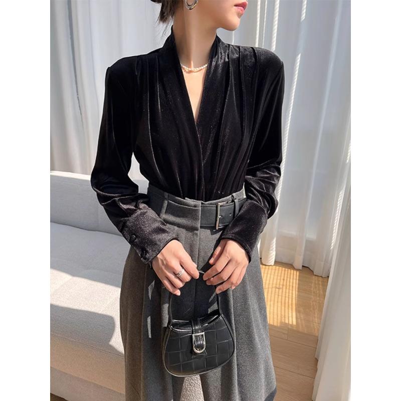 新款御姐黑色丝绒V领打底上衣+高腰裤套装两件套秋冬款