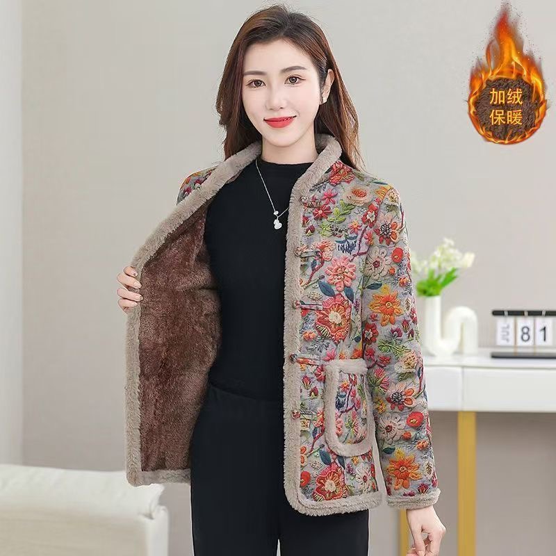 2025秋冬新款妈妈装保暖棉衣中老年加绒加厚新中式盘扣棉服外套女