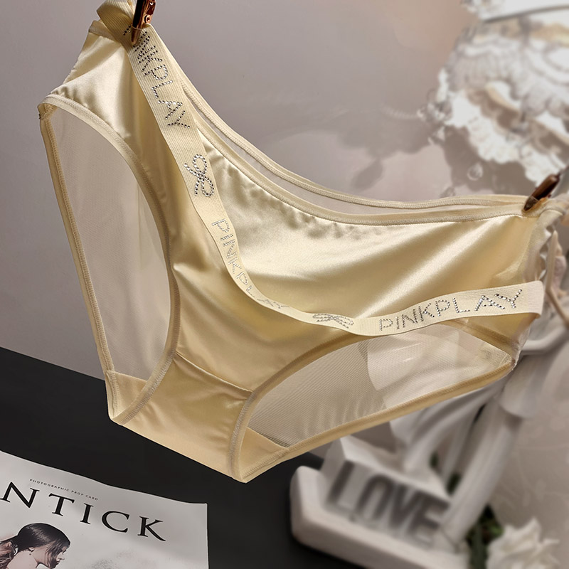 法式轻奢丝滑缎面蕾丝内裤女烫钻腰带女士三角裤包臀中低腰纯棉裆